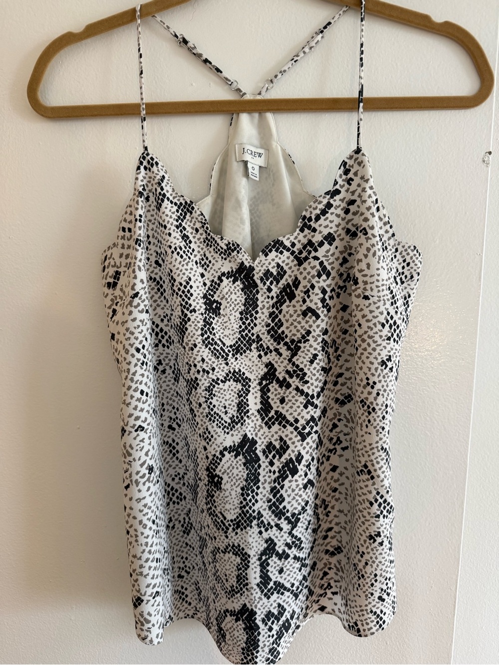 J.Crew - White Scalloped Cami Top with Black/Tan Snakeskin Pattern; Size 0